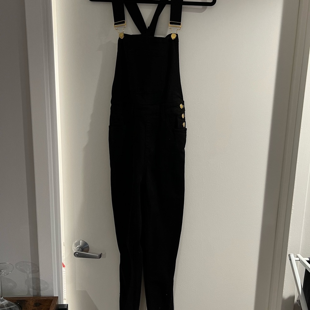 WeWoreWhat black high rise skinny overalls, size Small